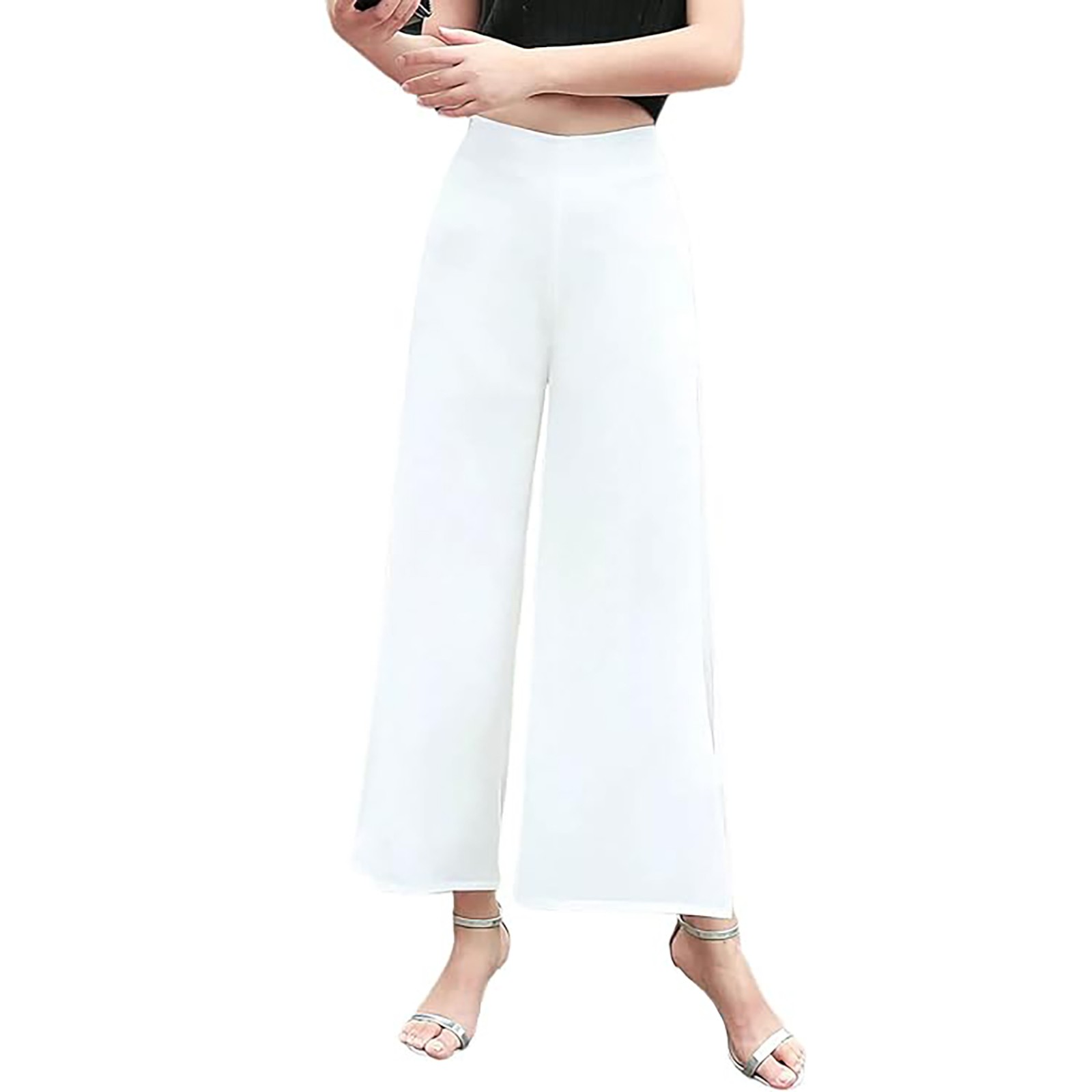 Pantalones acampanados de gasa de cintura alta para mujer: parte trasera elástica, cremallera lateral, tejido fluido, para bodas y cócteles